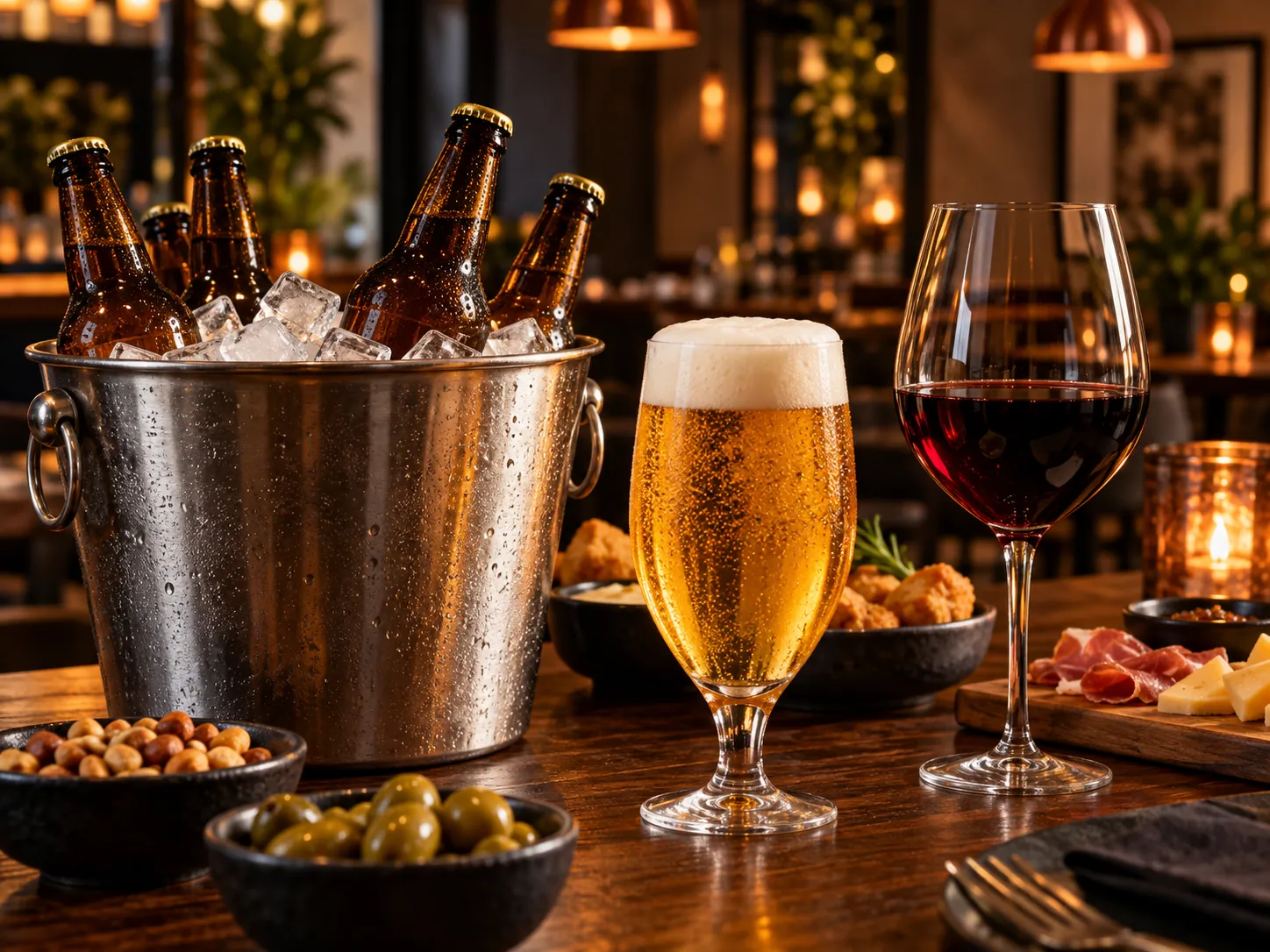 Balde de cervejas, chope e vinho servidos na mesa
