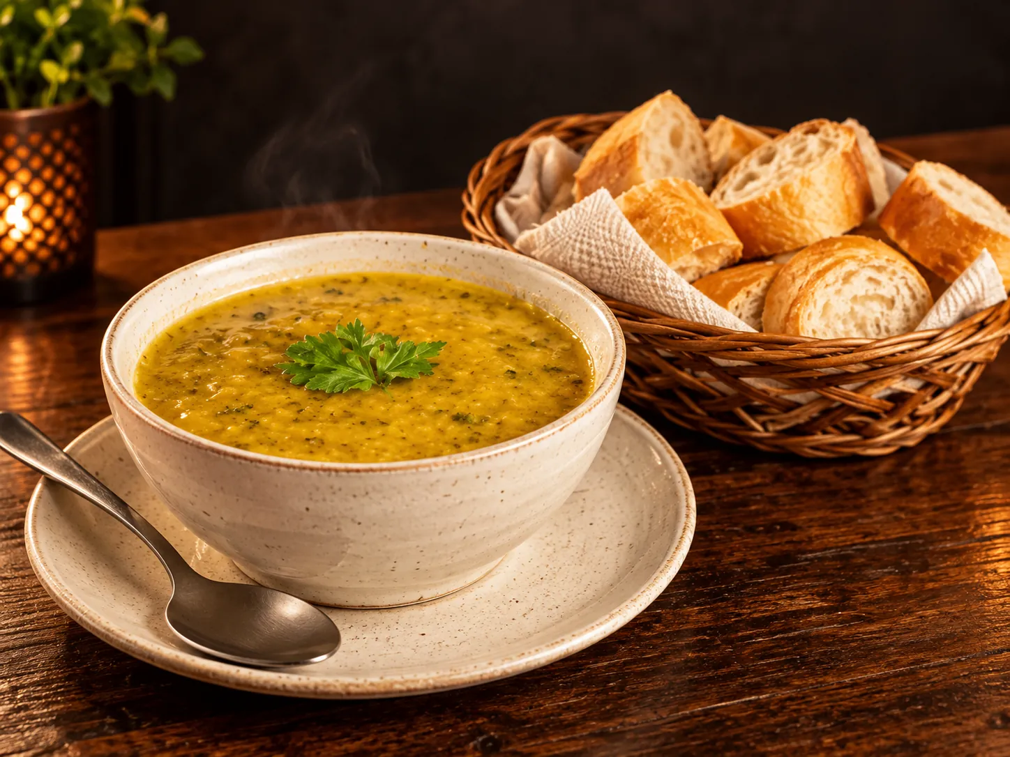 Caldo da casa servido com pão francês