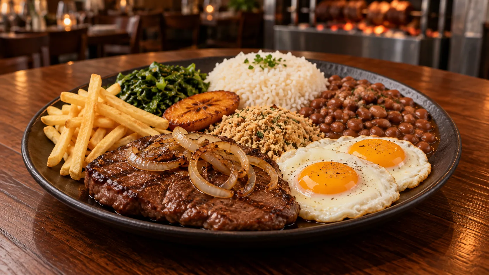 Prato executivo com carne, arroz, feijão e acompanhamentos