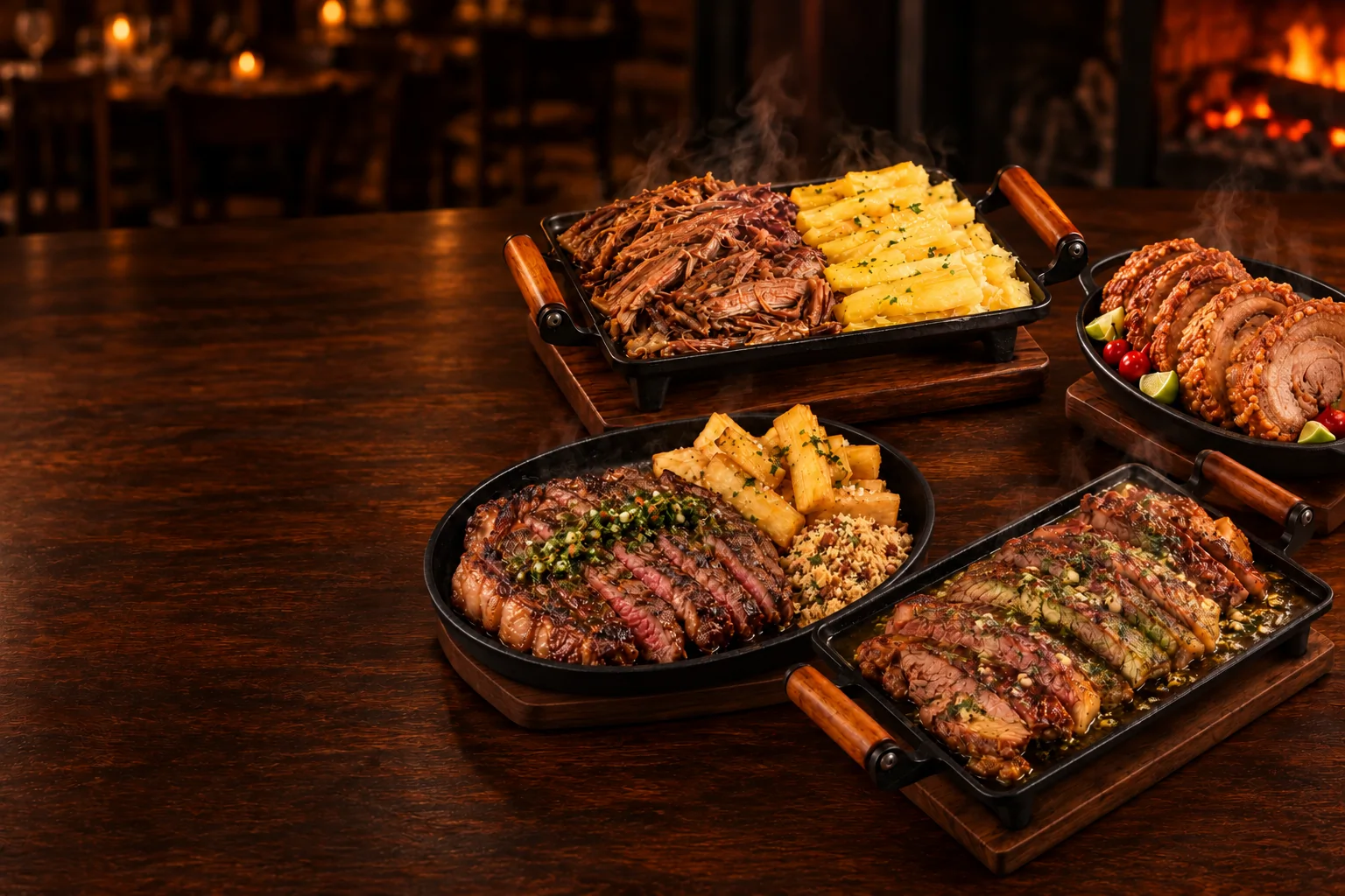 Mesa com Costela Premium, bife ancho, maminha na manteiga e torresmo de rolo