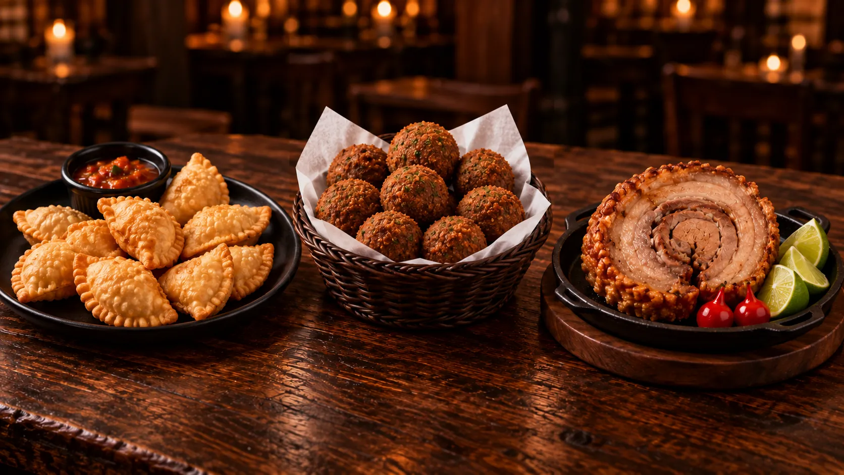 Pastéis, bolinhos e torresmo servidos para compartilhar