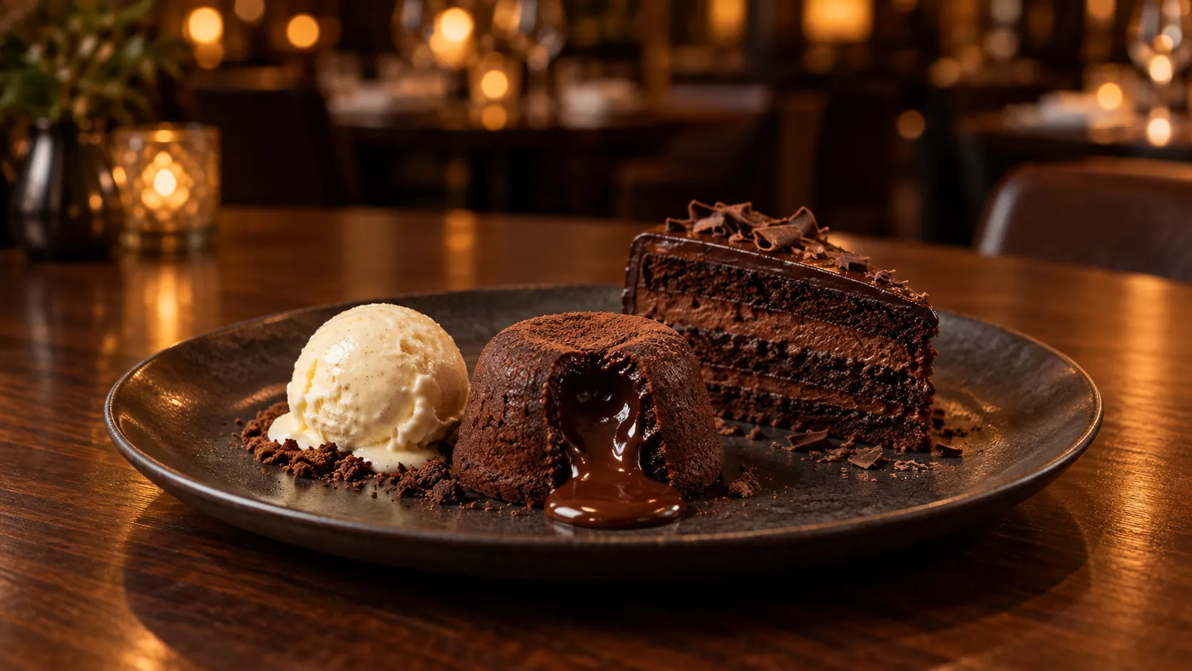 Petit gateau de chocolate e fatia de bolo